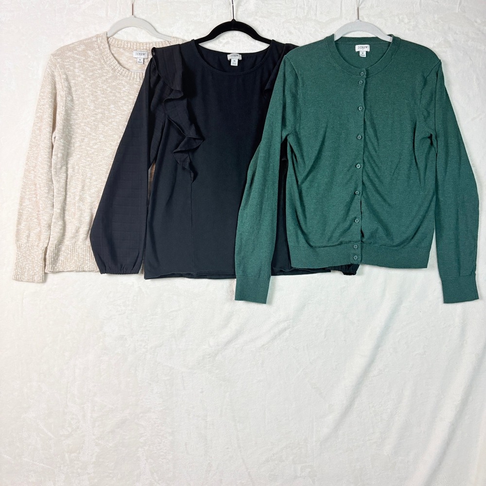 J.Crew Tops Bundle Women M Green Cardigan Black Ruffle Tan Cotton Sweater 3pc